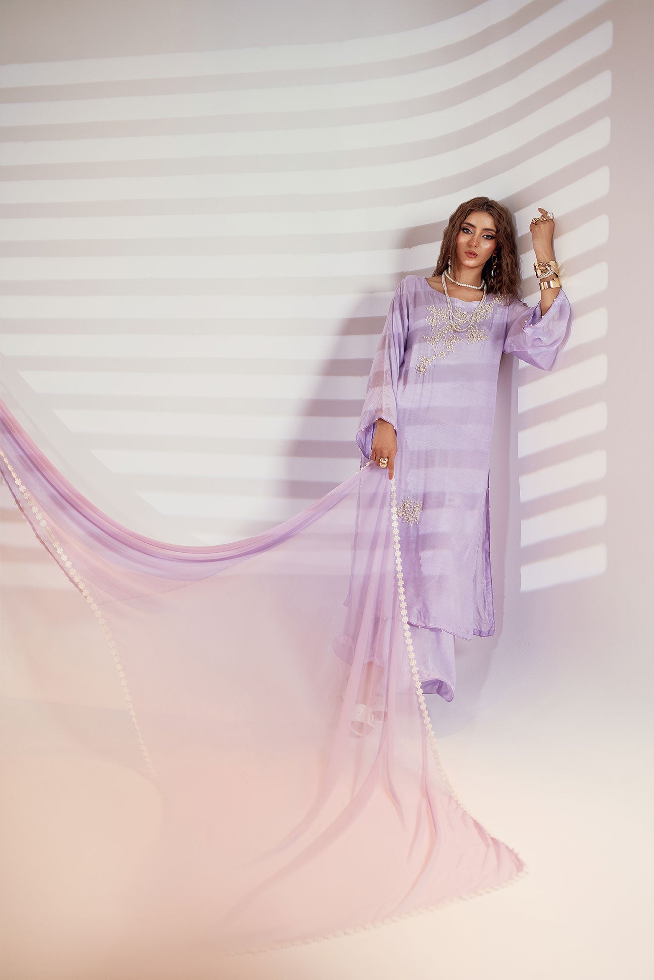 Lilac Cotton Silk Embroidered Ensemble