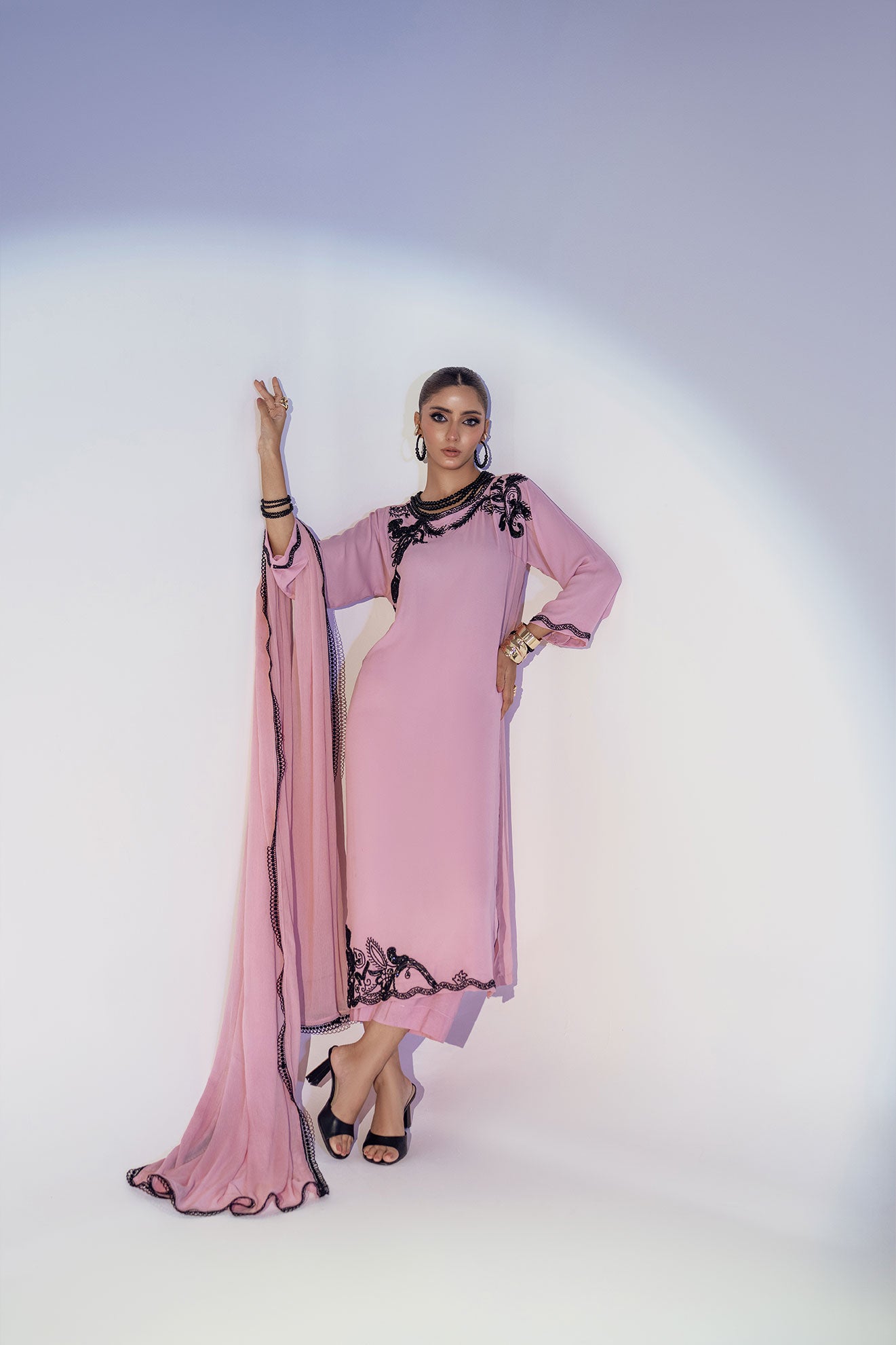 Mauve & Black Hand-Embroidered Ensemble