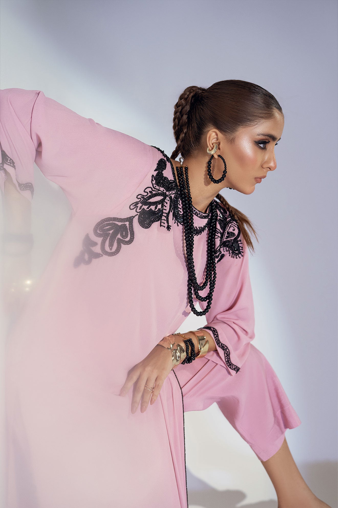 Mauve & Black Hand-Embroidered Ensemble